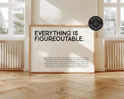 Motivational poster featuring the quote 'everything is figureoutable' in black letters on a white background. Minimalist design style. Shown in a wood frame leaning on a wall.