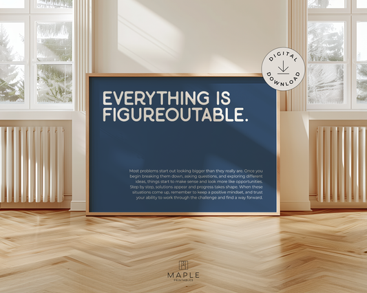 Motivational poster featuring the quote 'everything is figureoutable' in white letters on a navy blue background. Minimalist design style. Shown in a wood frame leaning on a wall.
