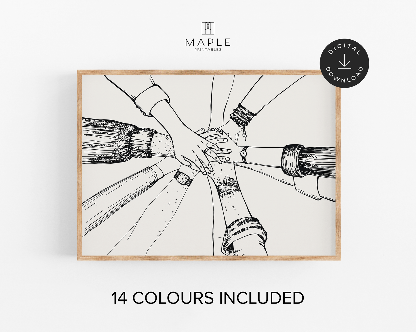Team Hands - 14 Colours on Beige Background