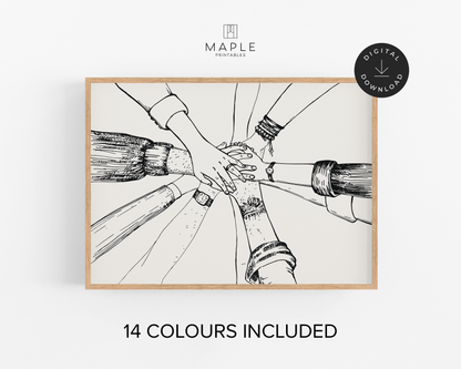 Team Hands - 14 Colours on Beige Background