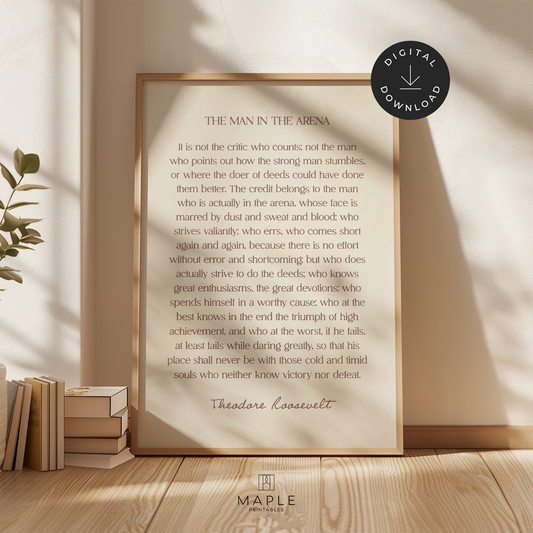 Vintage-style poster featuring Theodore Roosevelt's 'the man in the arena' quote. The text is brown on a soft beige background. Minimalist style. Shown in a wood frame leaning on a wall.