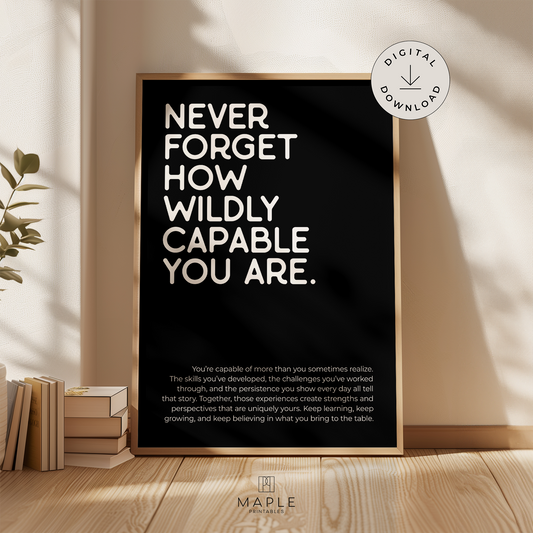 Motivational poster with quote 'Never forget how wildly capable you are' in white letters on a black background. Shown in a wood frame leaning on a wall.