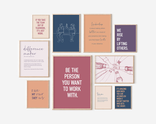 Team Office Decor, Set of 10 PRINTABLES, Motivational Wall Art, Teamwork Quote, Colorful Workplace Posters, Cubicle Prints, Desk Decor Women
